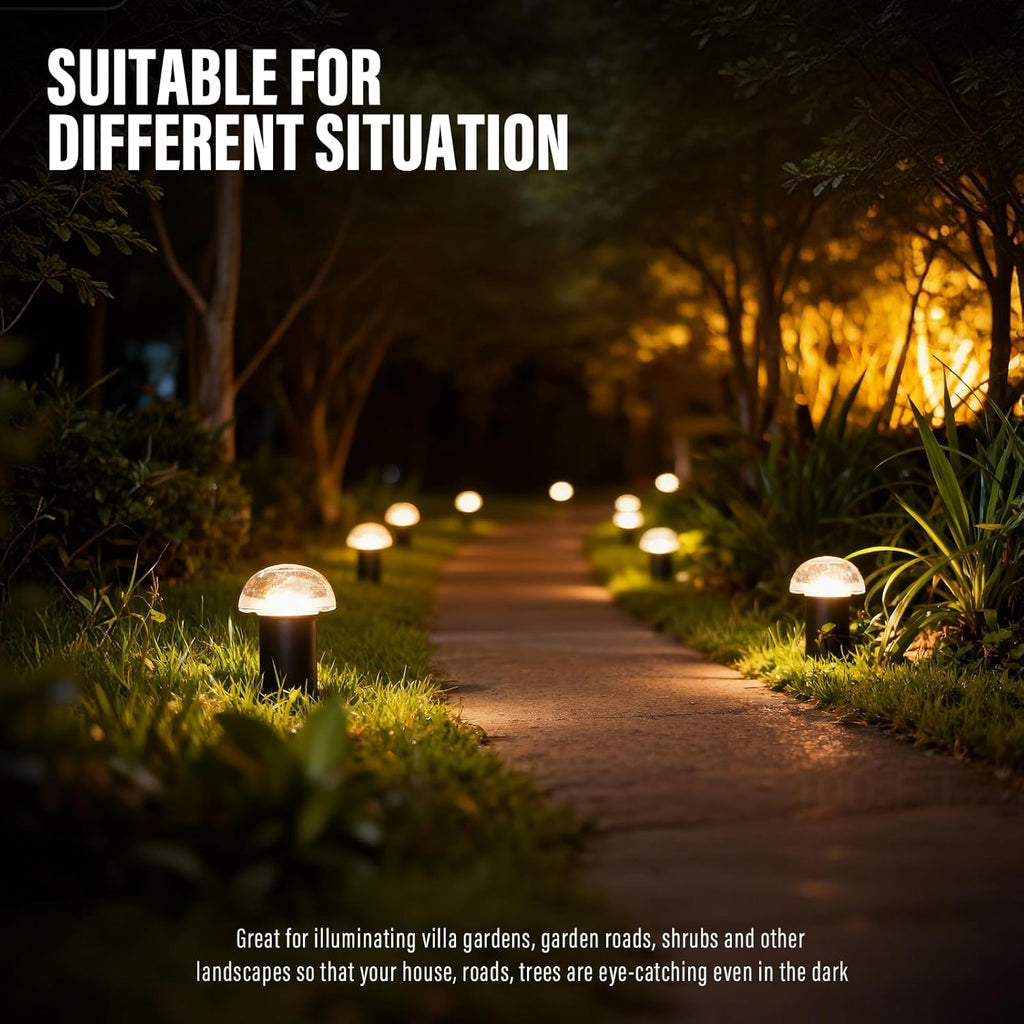 VENUS MANUFACTURING Low Voltage Landscape Pathway Lighting 1.5W LED Mushroom Lights 35Lumen Wired Walkway Light 3000K Warm White Driveway & Sideway Lights Metal Black Finish with Connector Stake