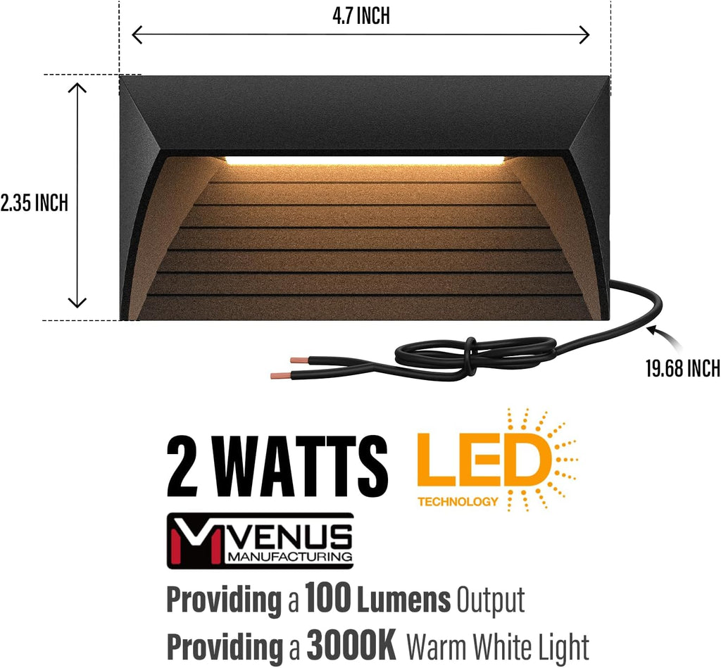 VENUS MANUFACTURING 2W Low Voltage Deck Lights LED Outdoor Stair Lights 3000K 12V Wired Step Lighting, Die-cast Aluminum for Fence, Yard, Patio, and Pathway