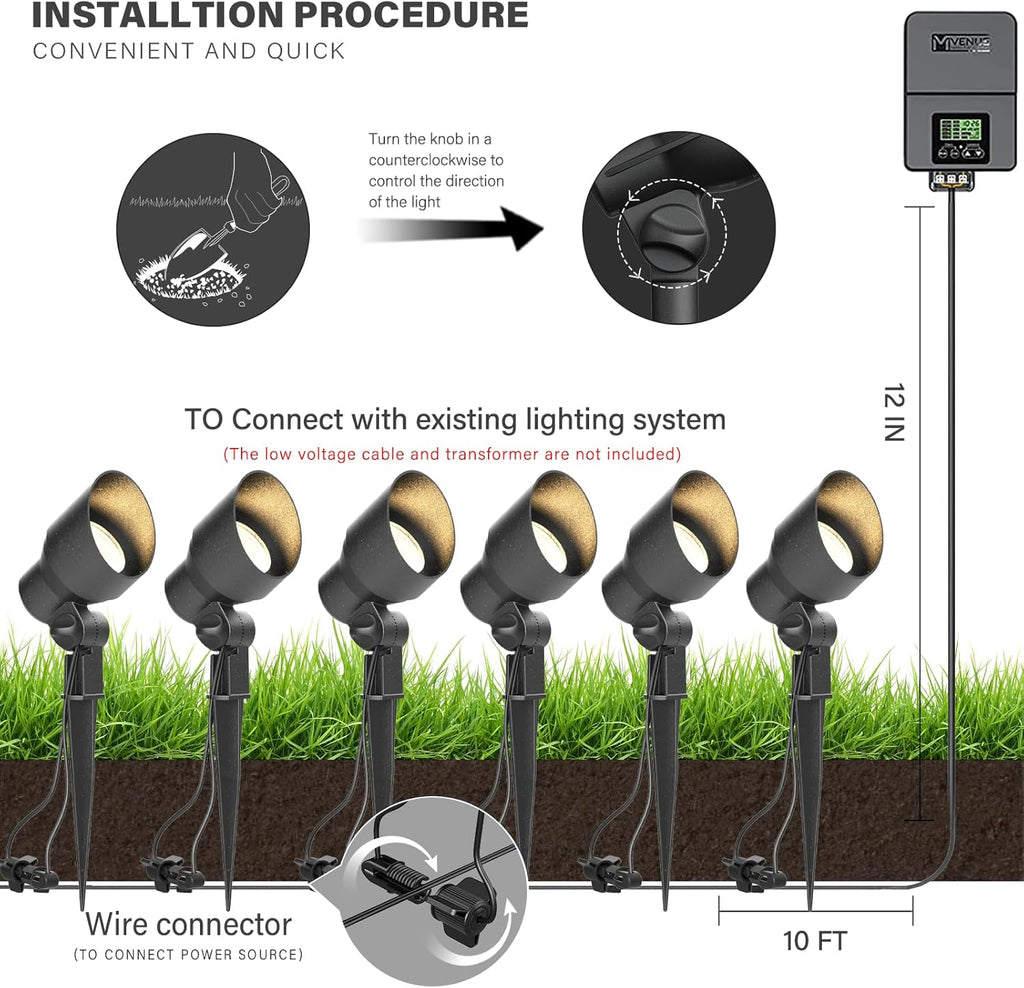 VENUS MANUFACTURING 6 Pack Low Voltage Landscape Spotlight 3W LED Outdoor Landscape Lighting Kits 200 Lumen Black Waterproof Flood Lights 12V 3000K Warm White Metal Tree Lights for Garden & Yard