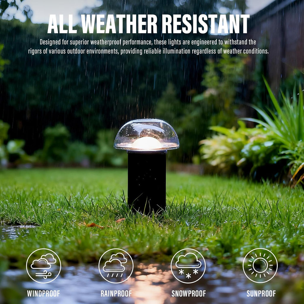 VENUS MANUFACTURING Low Voltage Landscape Pathway Lighting 1.5W LED Mushroom Lights 35Lumen Wired Walkway Light 3000K Warm White Driveway & Sideway Lights Metal Black Finish with Connector Stake