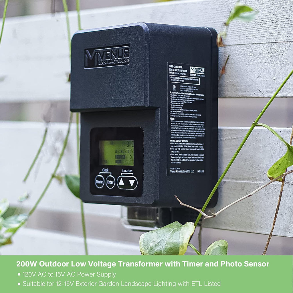 200W Outdoor Low Voltage Transformer with Timer and Photo Sensor, 120V AC to 15V AC Power Supply, Suitable for 12-15V Exterior Garden Landscape Lighting with ETL Listed.